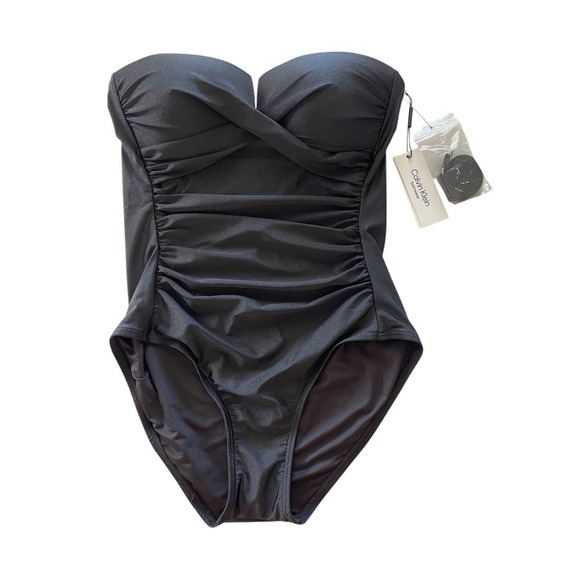 Calvin Klein Shirred Tummy Control Split-Cup Bandeau One Piece Swimsuit Size 12 - Picture 1 of 4